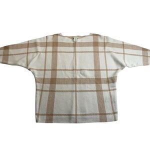Adrienne Vittadini Ivory and Camel Plaid Knit 3/4 Length Sleeve Top. Size M.
